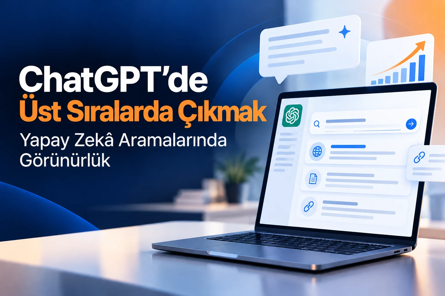 ChatGPT'de üst sıralarda çıkmak ve yapay zekâ aramalarında görünürlüğü anlatan lacivert, turuncu, grafik ve bilgisayar görseli