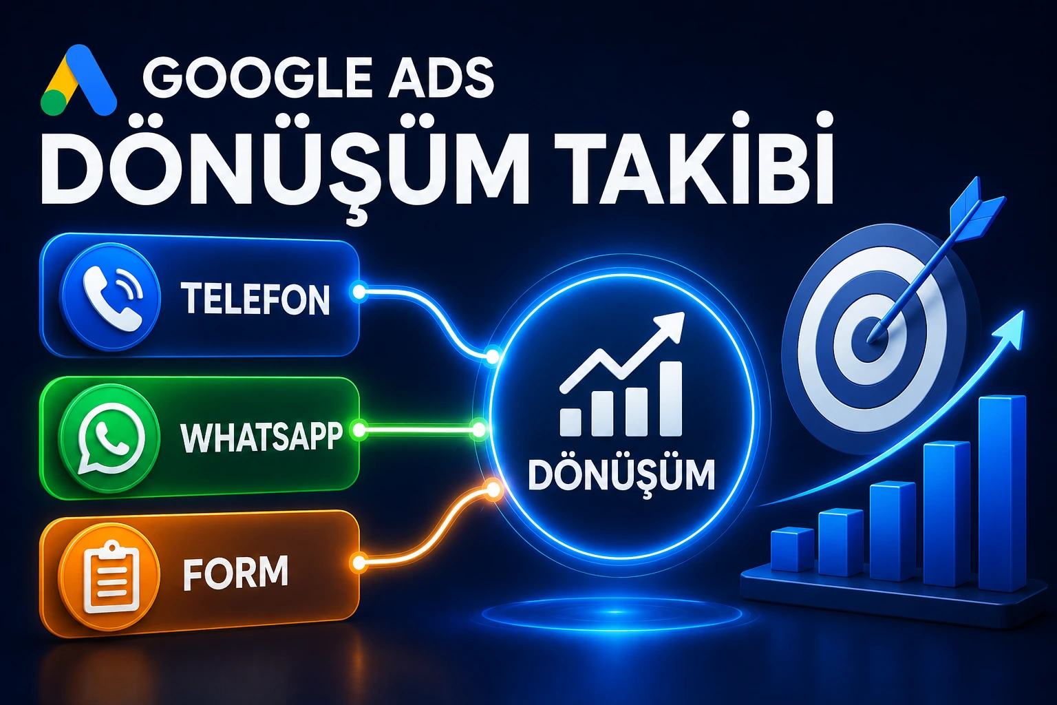Google Ads dönüşüm takibinde telefon, WhatsApp ve form dönüşümlerinin ölçülmesini gösteren dijital analiz görseli