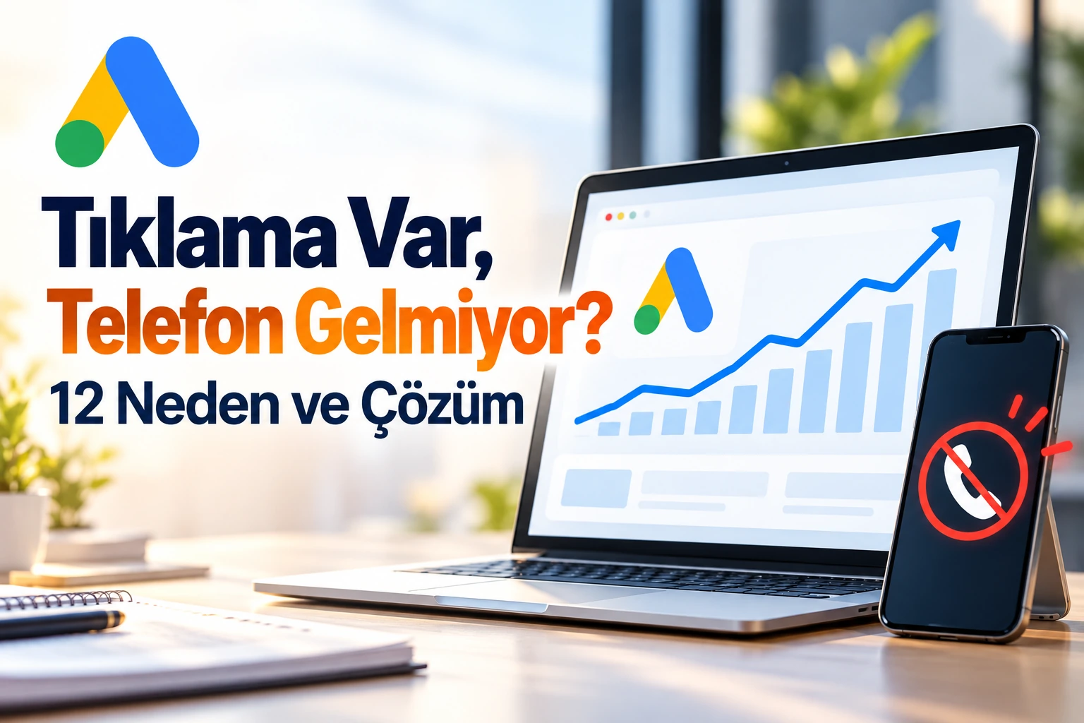 Google Ads tıklamaları yükselirken telefon görüşmesi alınamamasını anlatan büyük başlıklı dijital reklam görseli