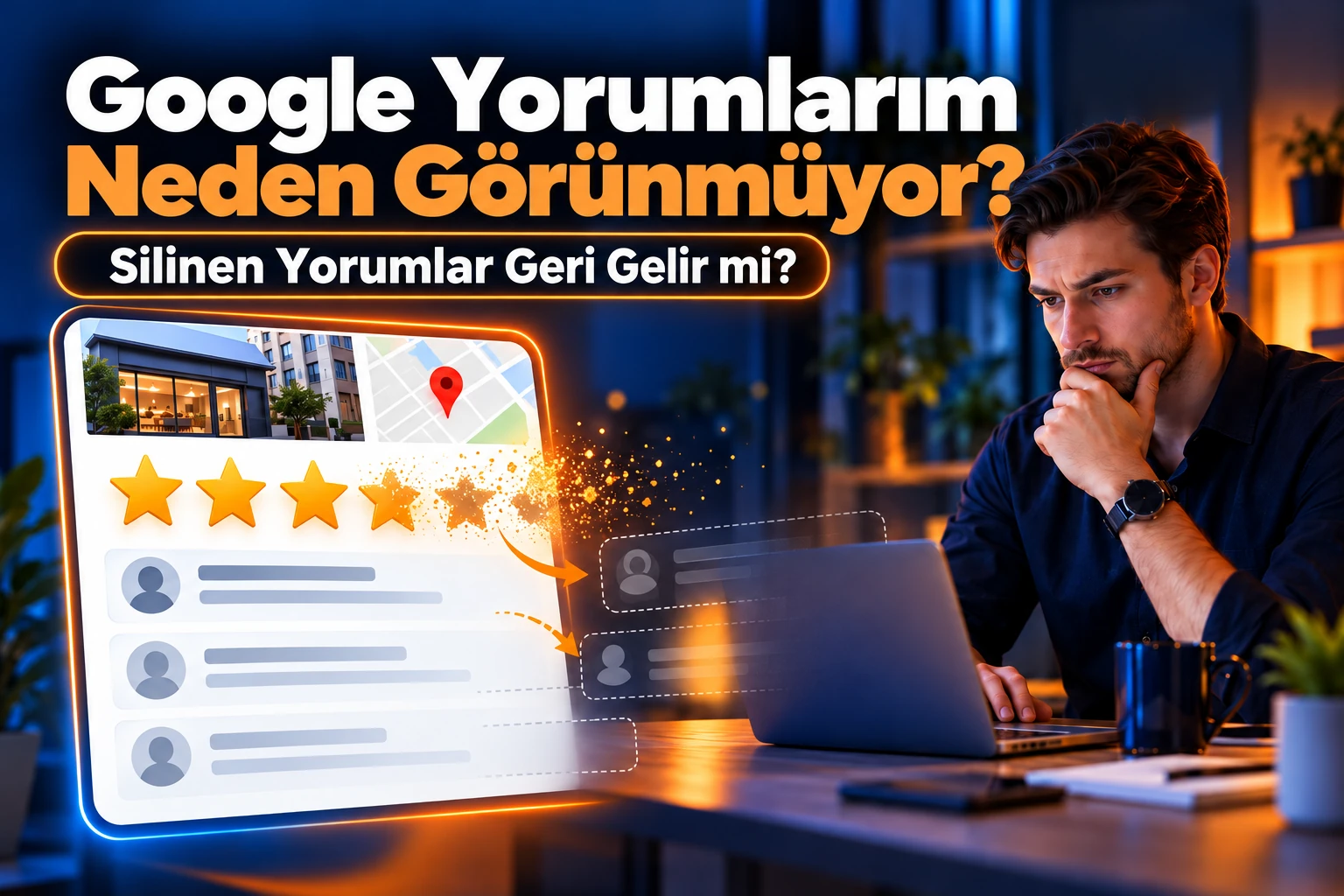 Google Yorumlarım Neden Görünmüyor başlıklı lacivert turuncu blog kapağında, işletme değerlendirme kartından silinerek kaybolan yıldızlar ve bilgisayar başında durumu inceleyen kişi