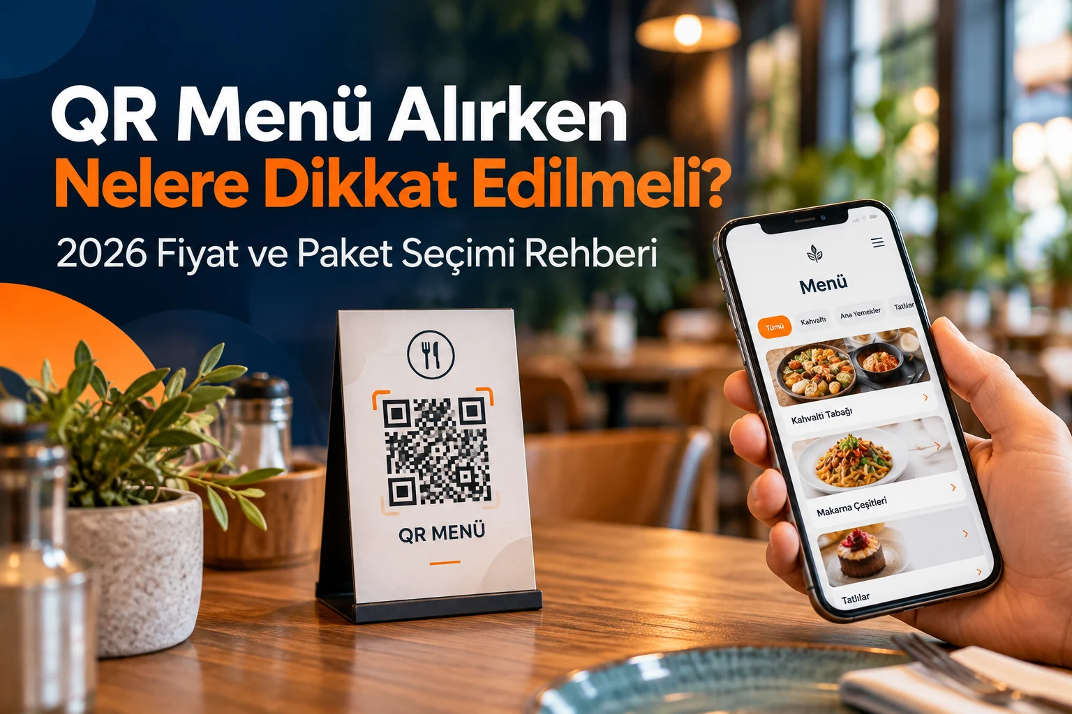 QR Menü alırken nelere dikkat edilmeli başlıklı, QR kod standı ve telefonda dijital menü gösteren modern restoran görseli