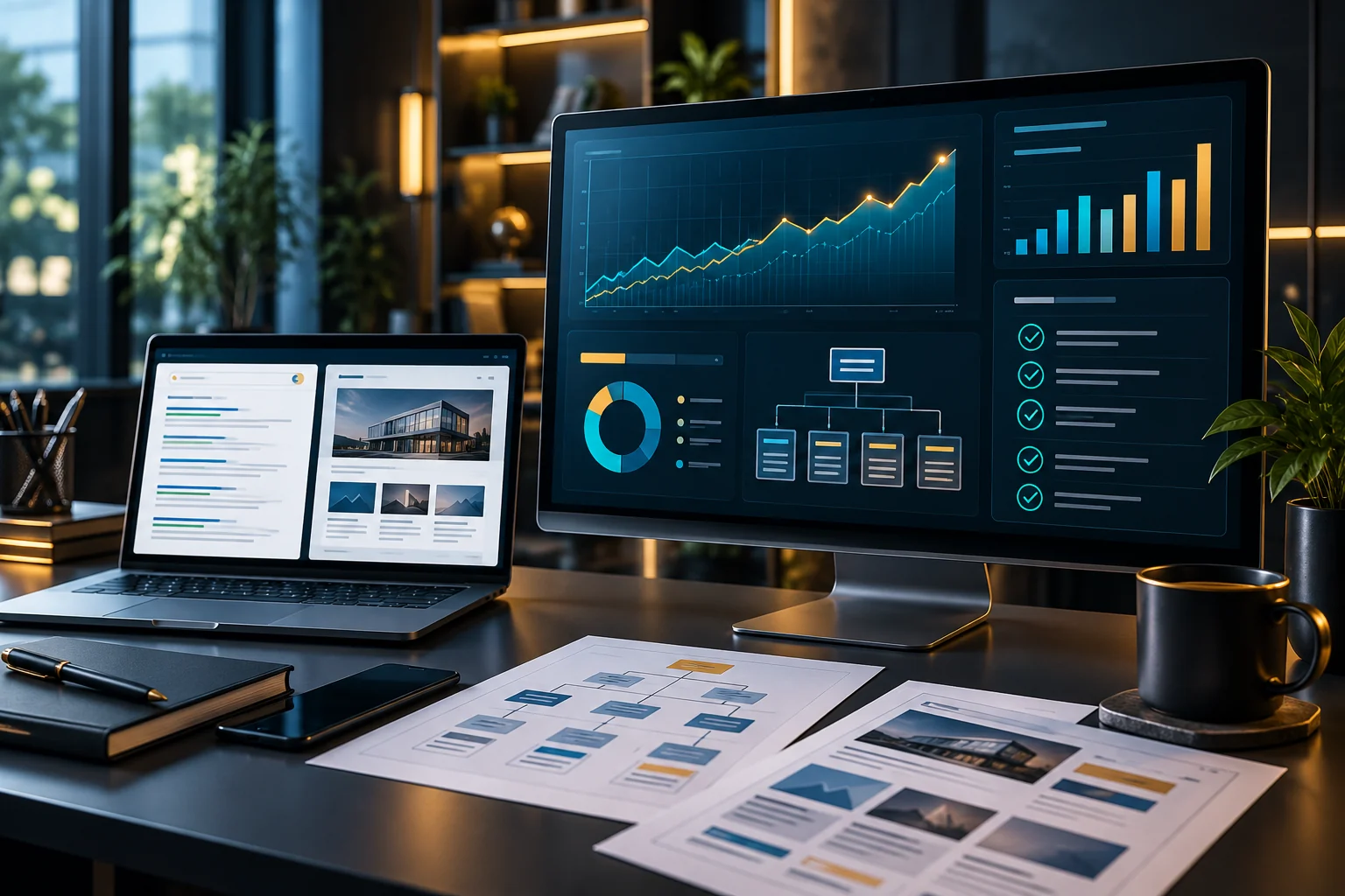 SEO çalışması planını gösteren analiz grafikleri ve web sitesi mimarisi panelleri bulunan profesyonel çalışma masası