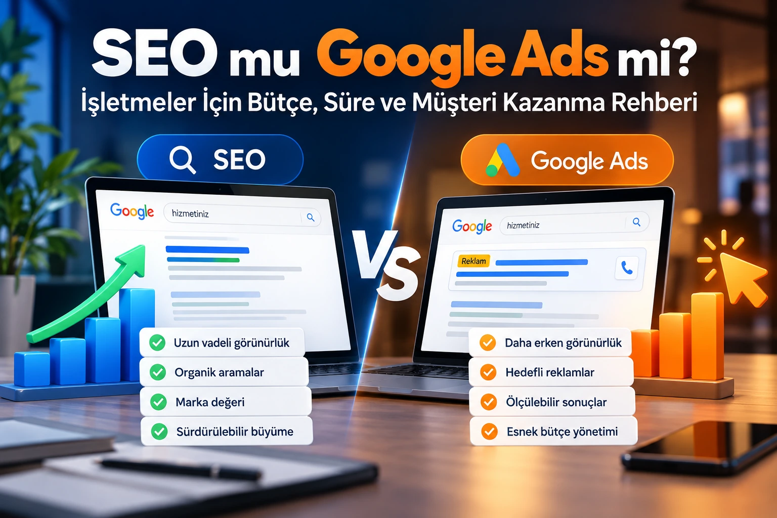 SEO ile Google Ads arasındaki bütçe, süre ve müşteri kazanma farklarını iki bilgisayar ve grafiklerle karşılaştıran lacivert turuncu blog kapağı