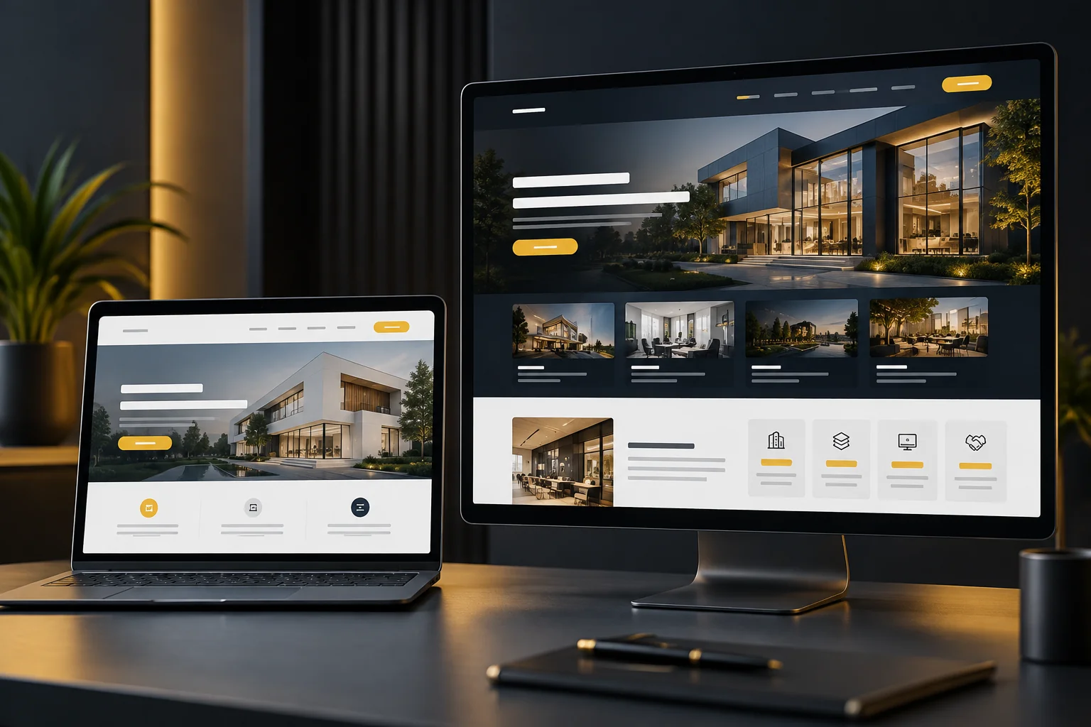 Dizüstü bilgisayar ve masaüstü ekranda farklı web sitesi sunumları
