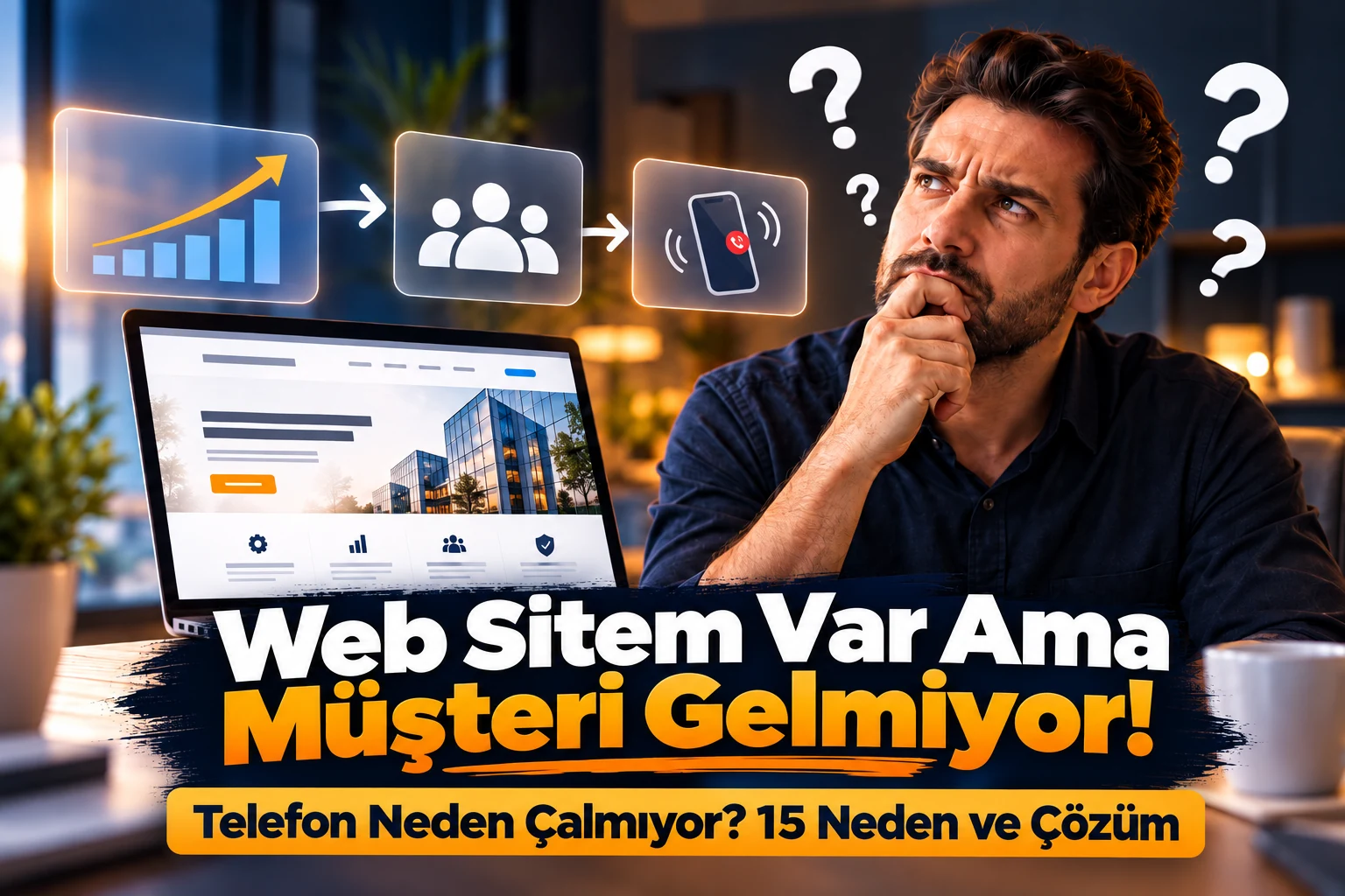 Web Sitem Var Ama Müşteri Gelmiyor başlıklı blog kapağında, yükselen trafik grafiğine rağmen müşteri talebi alamayan işletme sahibi ve bilgisayar başında telefon görseli