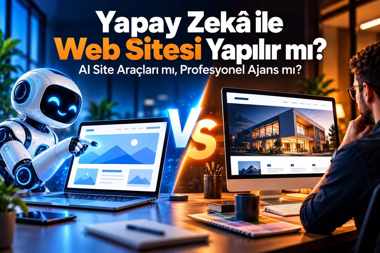 Yapay zekâ robotu ile profesyonel web tasarım uzmanını mavi ve turuncu iki bölümde karşılaştıran, Yapay Zekâ ile Web Sitesi Yapılır mı başlıklı blog kapak görseli