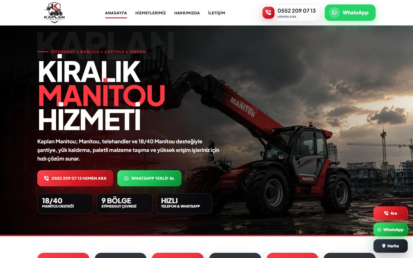 Kaplan Manitou masaüstü web sitesi görünümü