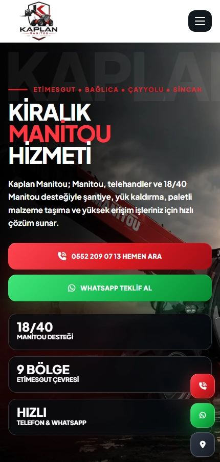 Kaplan Manitou mobil web sitesi görünümü
