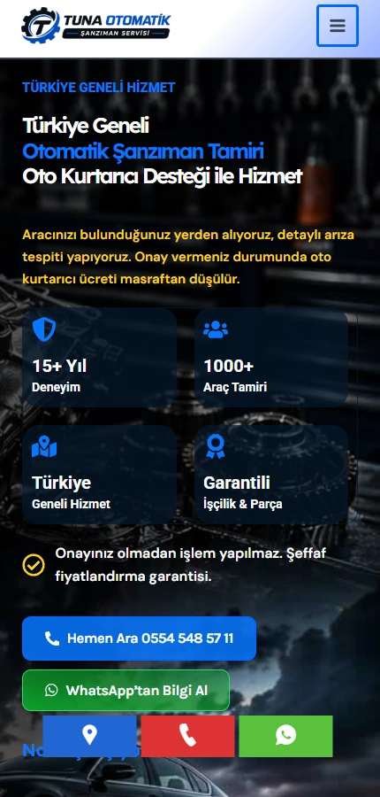 Tuna Otomatik mobil web sitesi görünümü