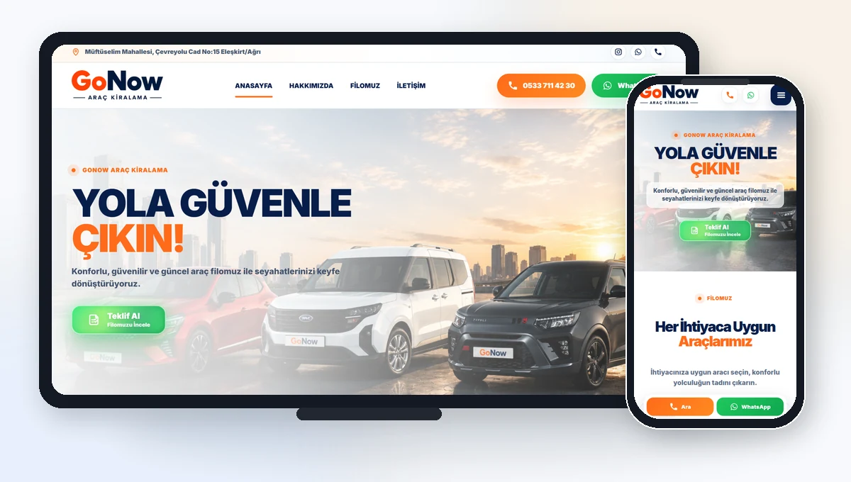 GoNow masaüstü ve mobil araç kiralama web sitesi tasarımı