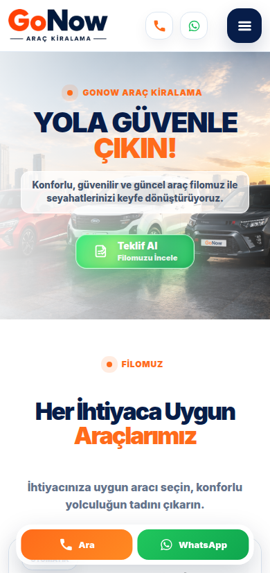 GoNow araç kiralama mobil web sitesi