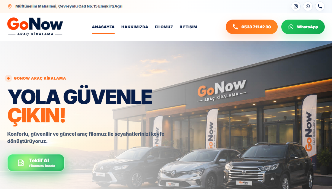 GoNow araç kiralama masaüstü web sitesi