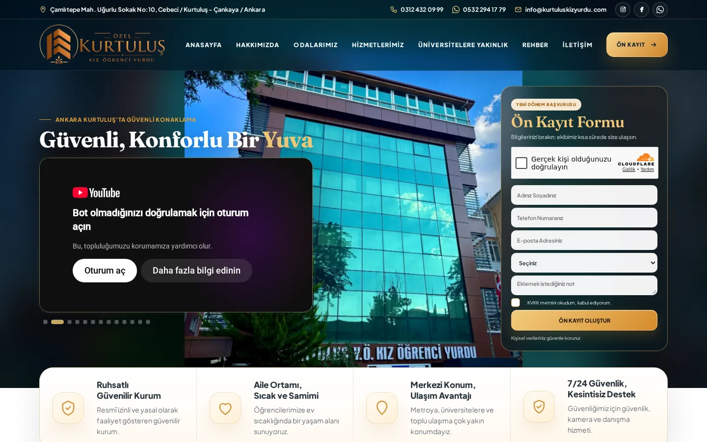 Kurtuluş Kız Öğrenci Yurdu canlı web sitesinin 30.10.2026 tarihli görünümü.