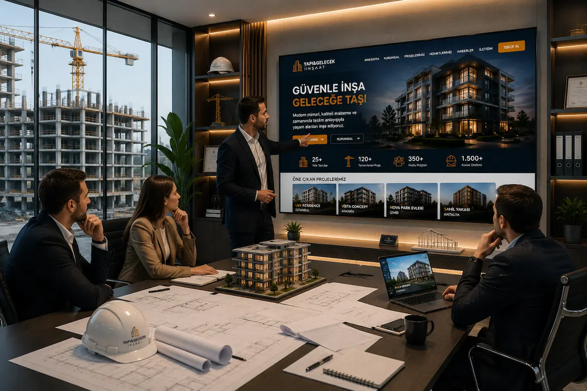 Modern inşaat ofisi ve proje toplantısı