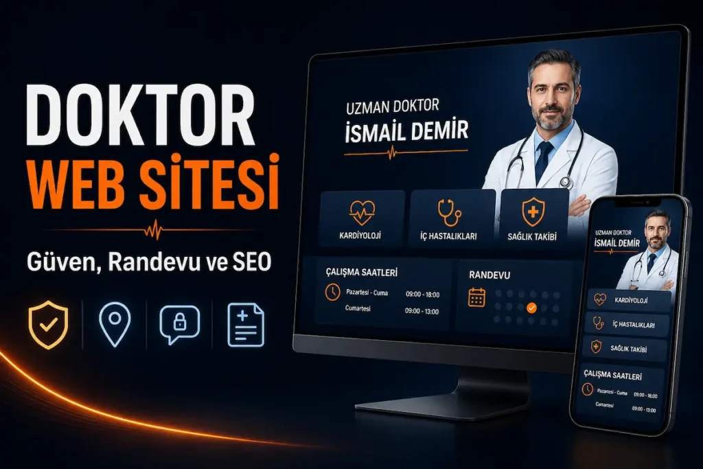 Doktor profili, uzmanlık alanları, çalışma saatleri ve randevu bölümü bulunan mobil uyumlu doktor web sitesi tasarımı