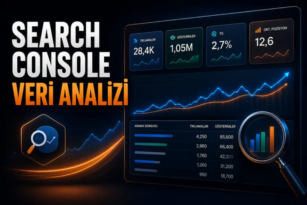 Google Search Console verilerinde tıklama, gösterim, CTR ve ortalama konum analizini gösteren performans paneli