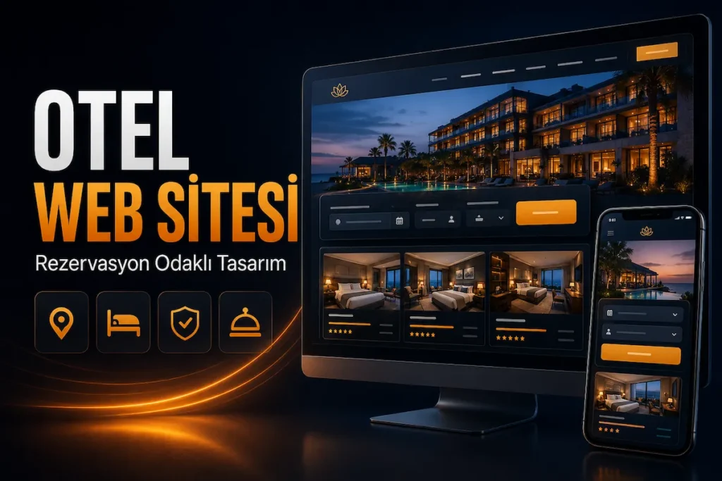 Oda seçenekleri, rezervasyon alanı ve mobil görünümü bulunan rezervasyon odaklı otel web sitesi tasarımı